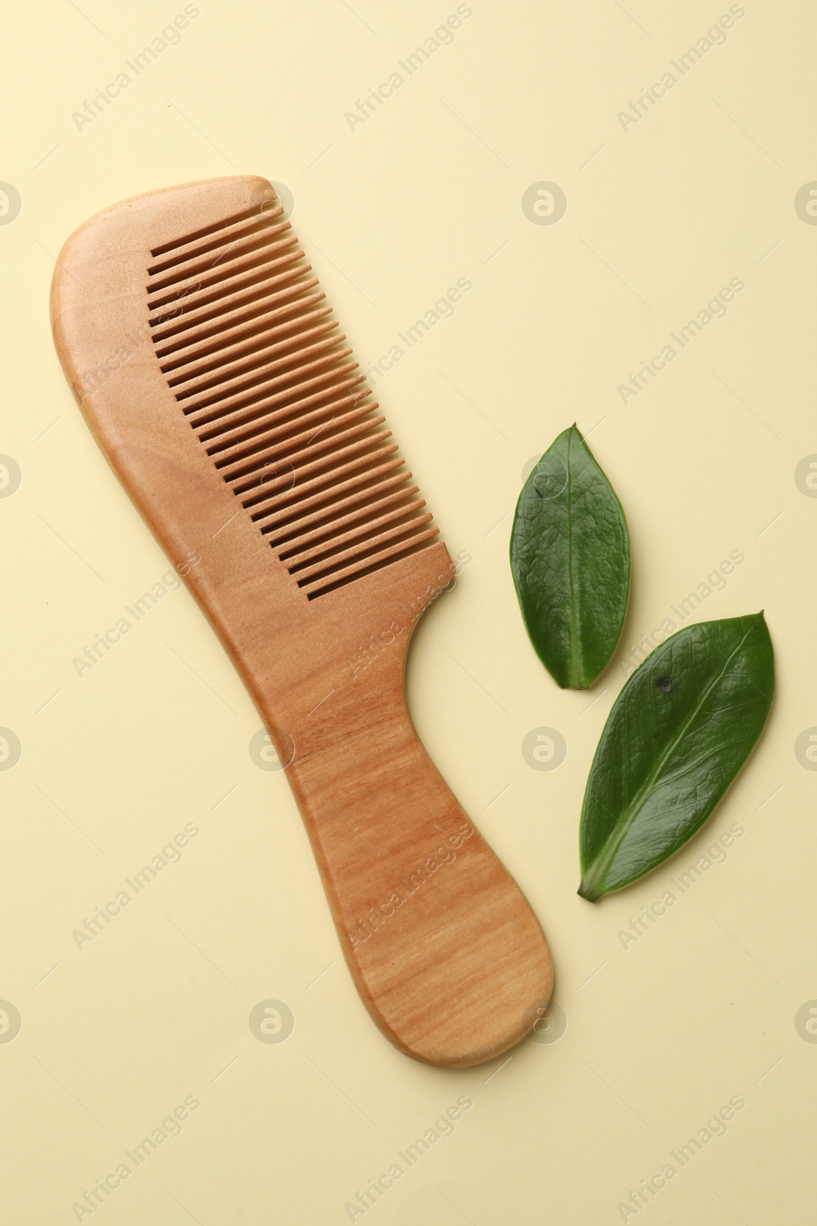 Photo of Wooden comb and leaves on beige background, flat lay