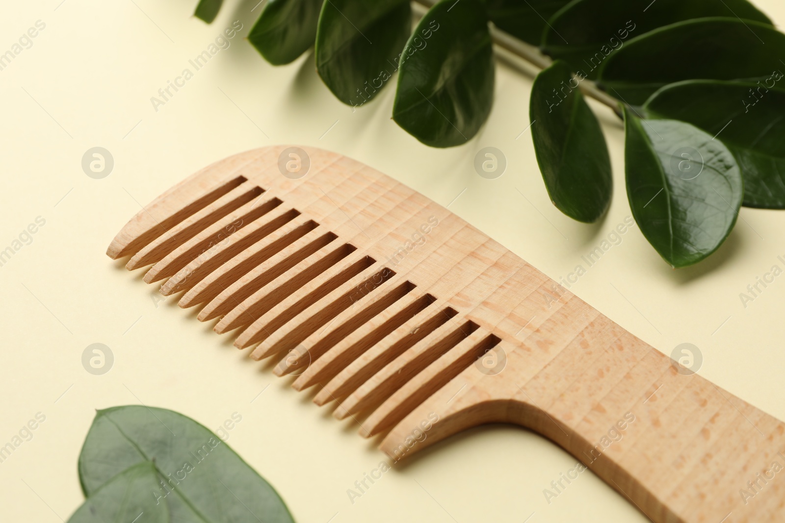 Photo of Wooden comb and branch with leaves on beige background, closeup