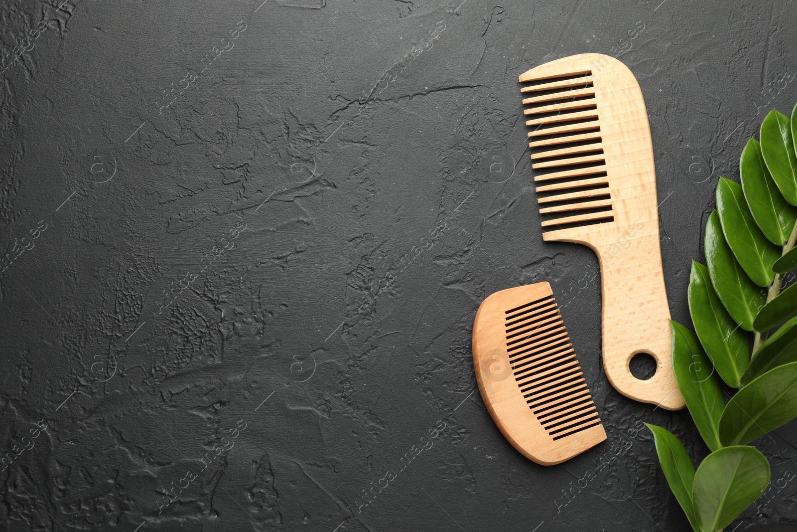 Photo of Wooden combs and branch with leaves on dark textured table, flat lay. Space for text