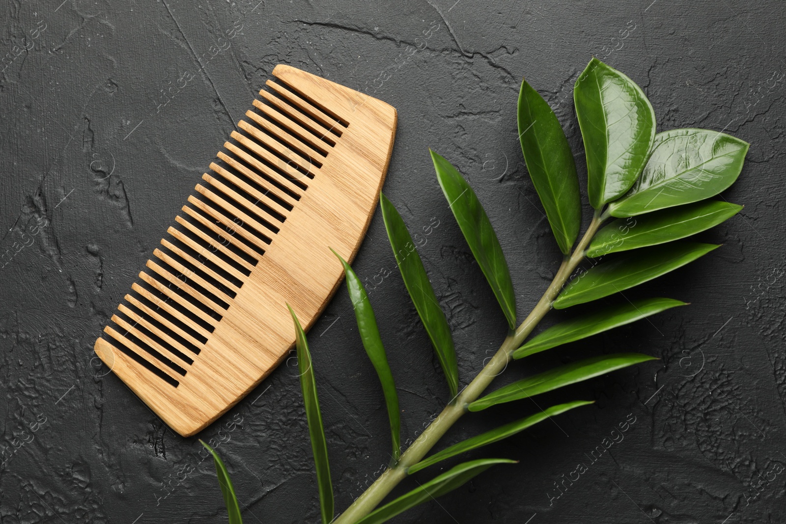 Photo of Wooden comb and branch with leaves on dark textured table, flat lay