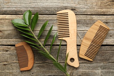 Photo of Combs and branch with leaves on wooden table, flat lay