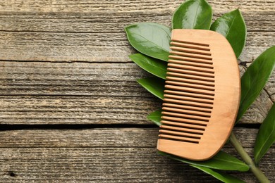 Photo of Comb and branch with leaves on wooden table, top view. Space for text