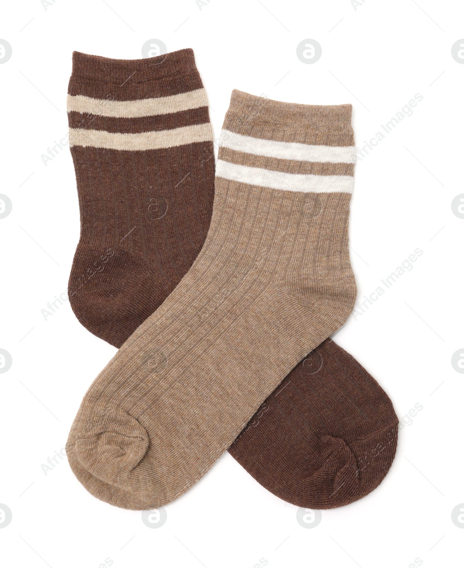 Photo of Pair of colorful socks isolated on white, top view