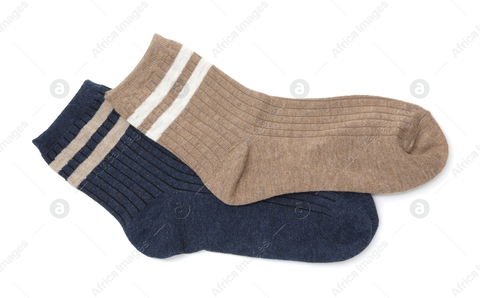 Photo of Pair of colorful socks isolated on white, top view