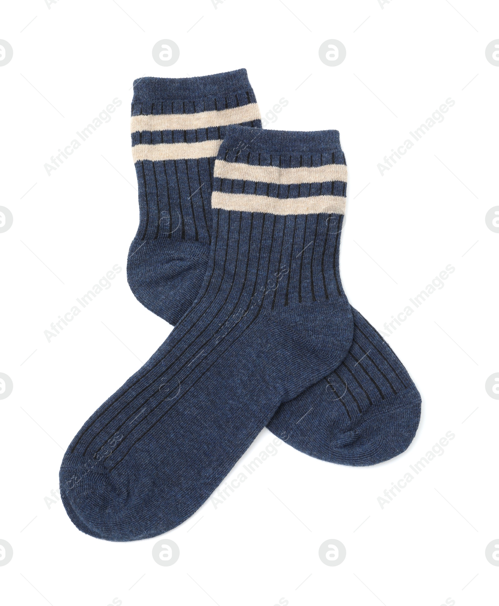 Photo of Pair of soft socks isolated on white, top view