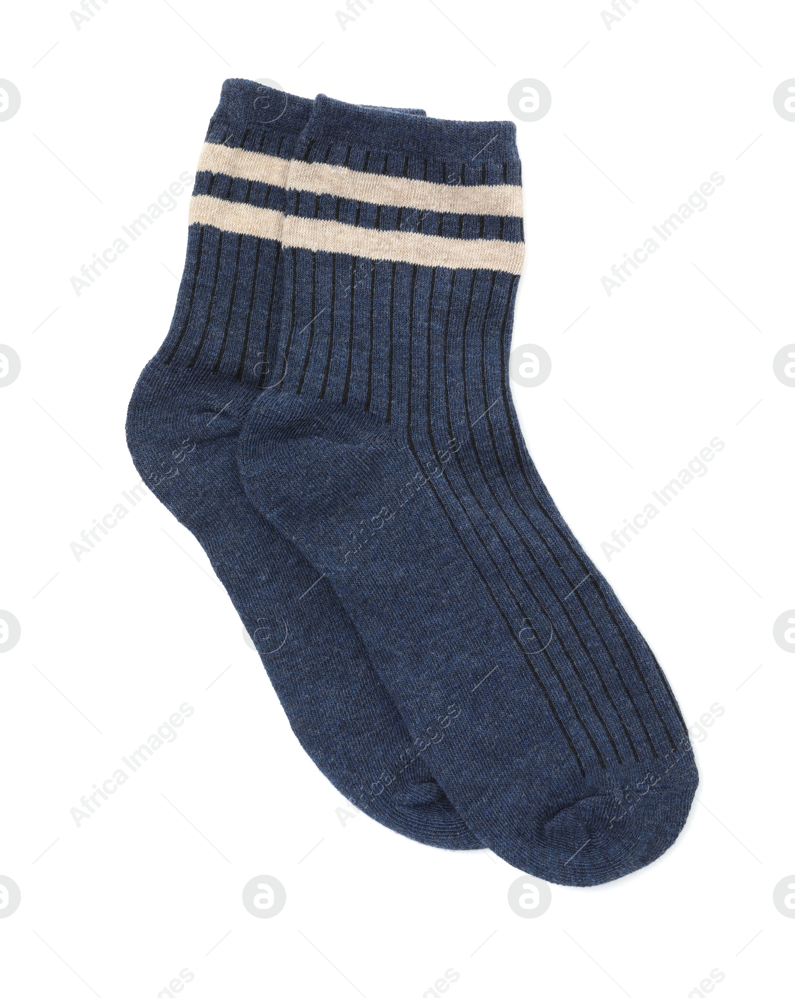 Photo of Pair of soft socks isolated on white, top view