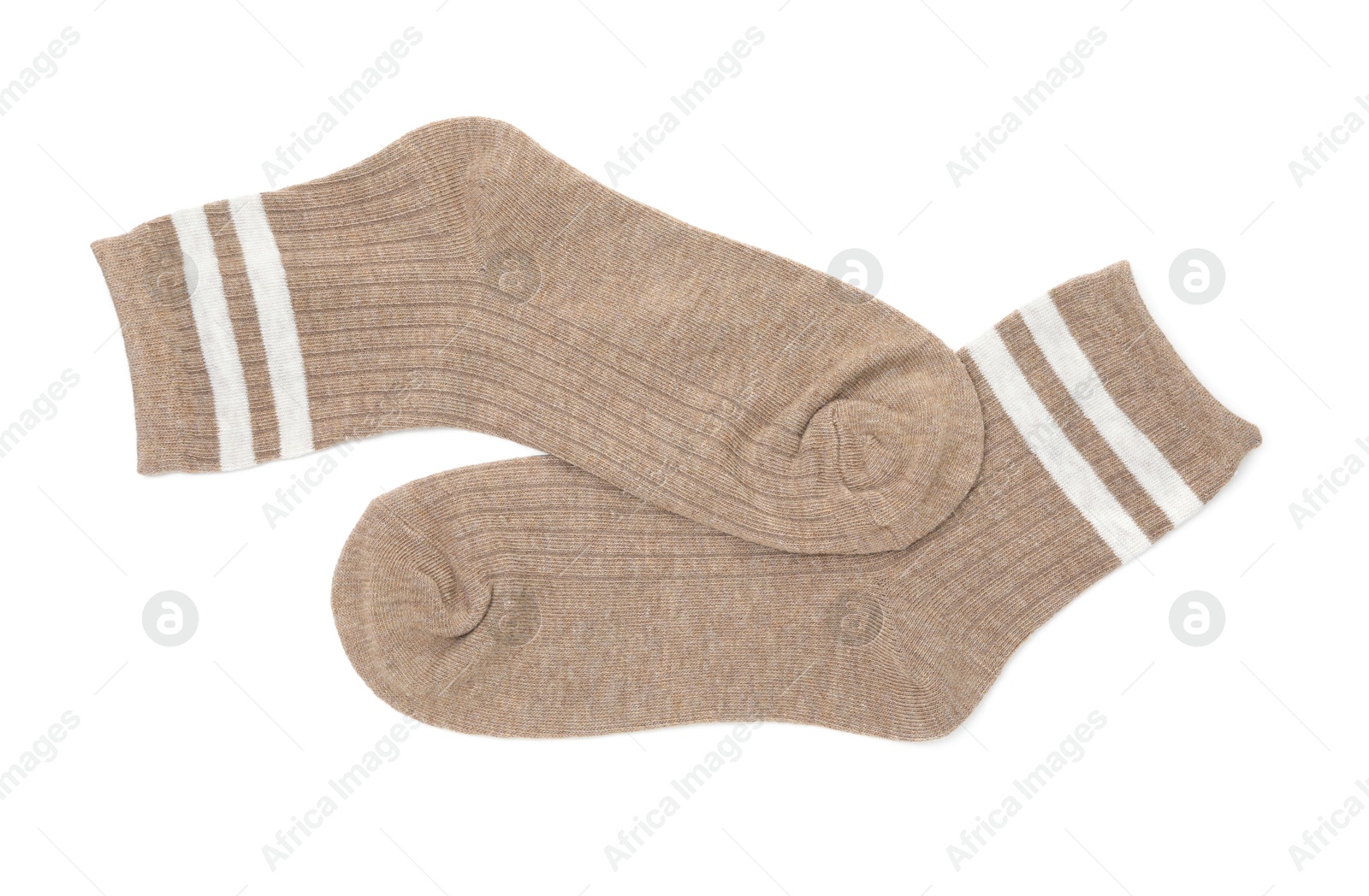 Photo of Pair of soft socks isolated on white, top view