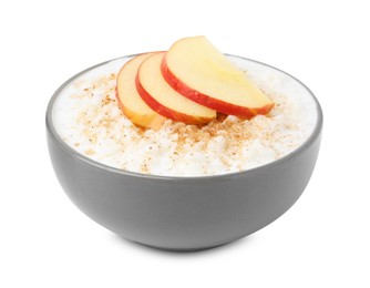 Photo of Delicious rice pudding with apples and cinnamon isolated on white