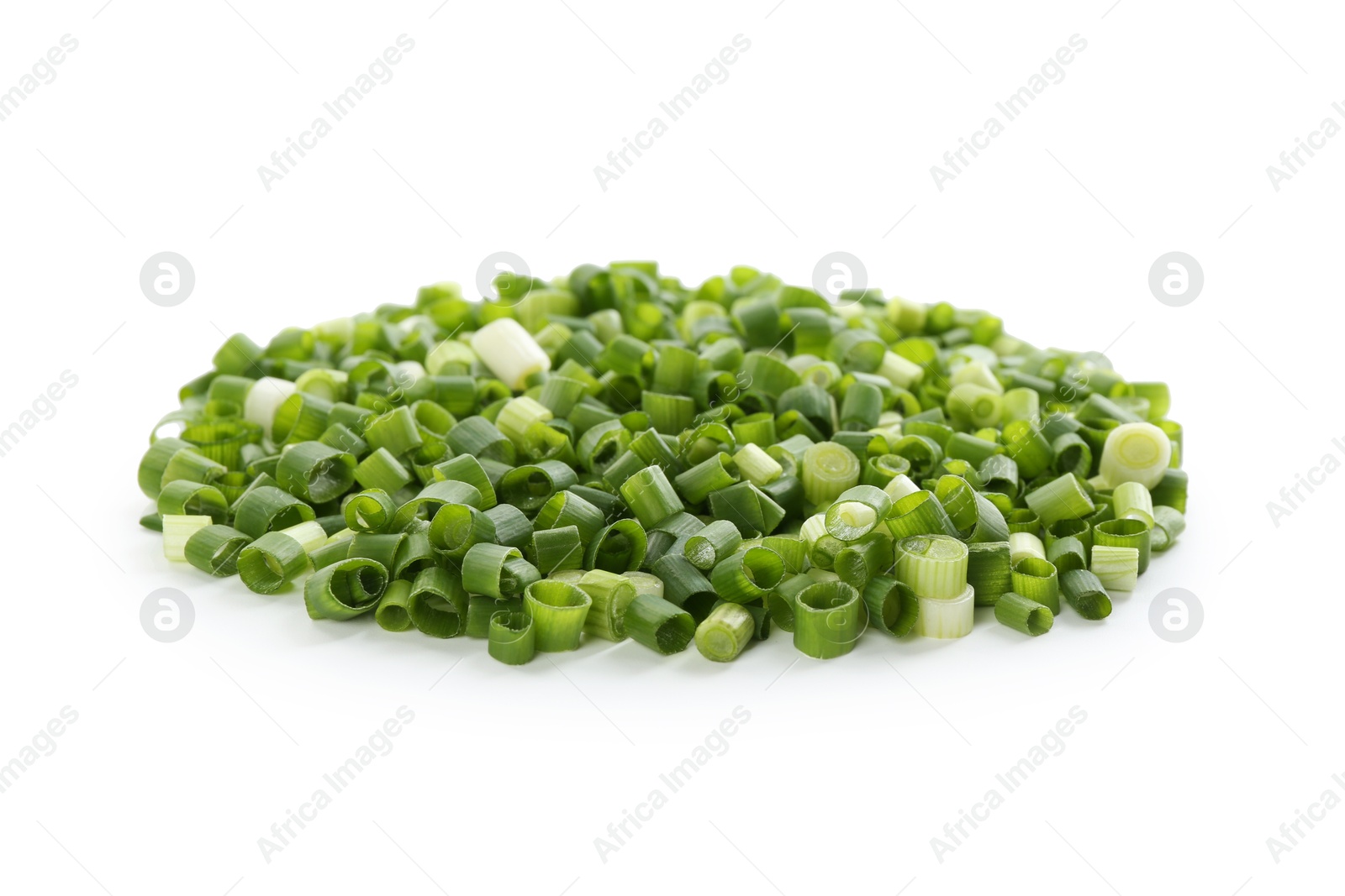 Photo of Pile of chopped fresh green onion isolated on white