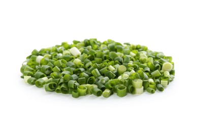 Photo of Pile of chopped fresh green onion isolated on white