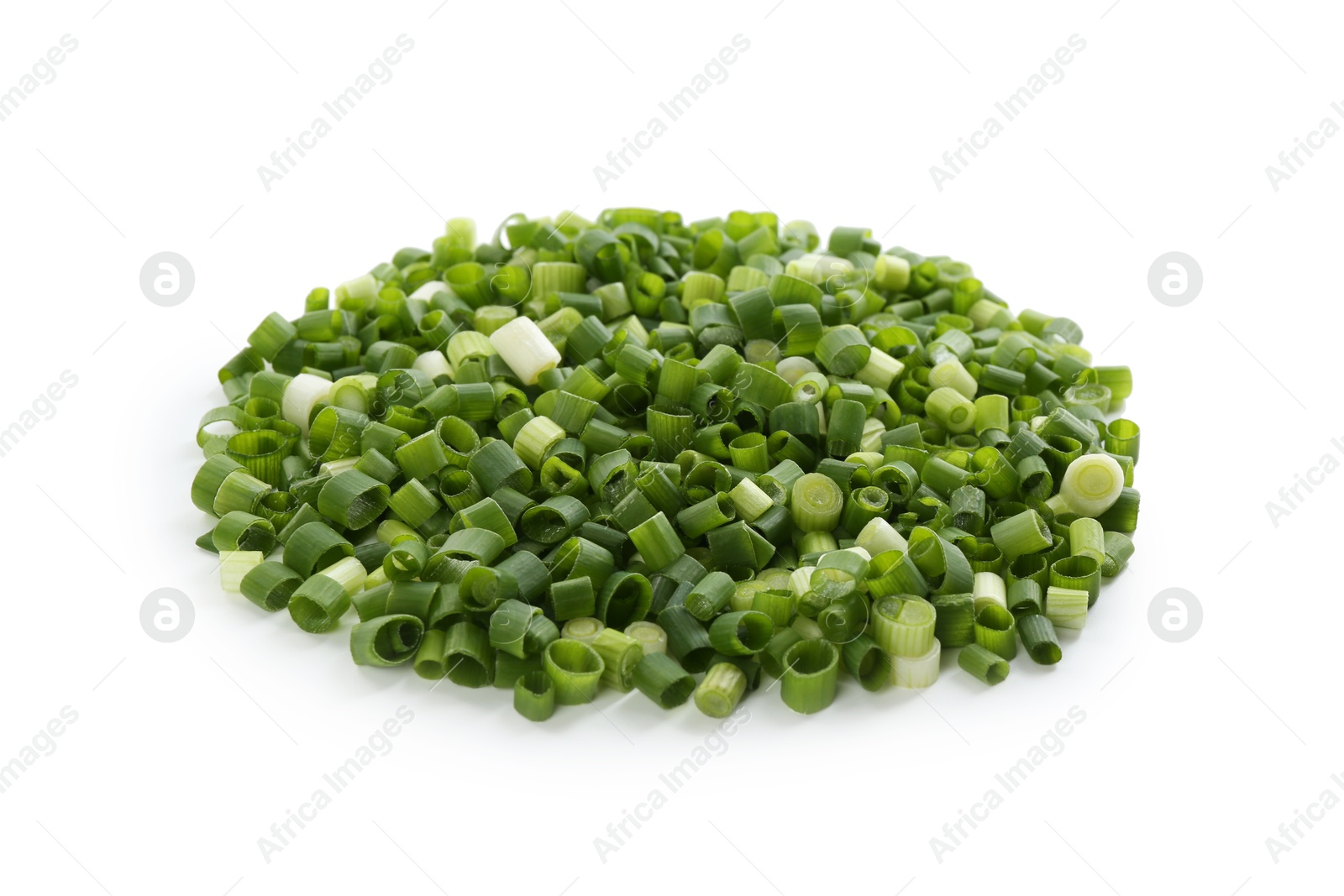 Photo of Pile of chopped fresh green onion isolated on white