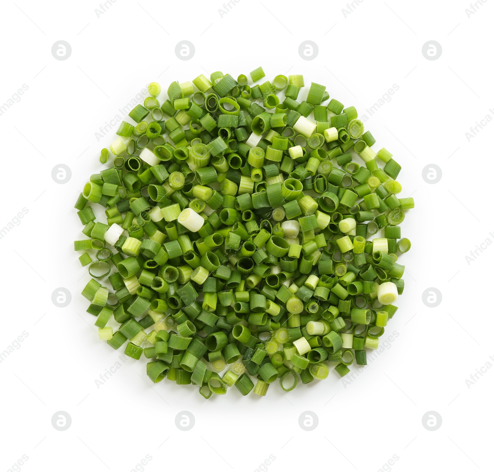 Photo of Pile of chopped fresh green onion isolated on white, top view