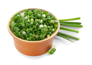 Photo of Chopped fresh green onion in bowl isolated on white