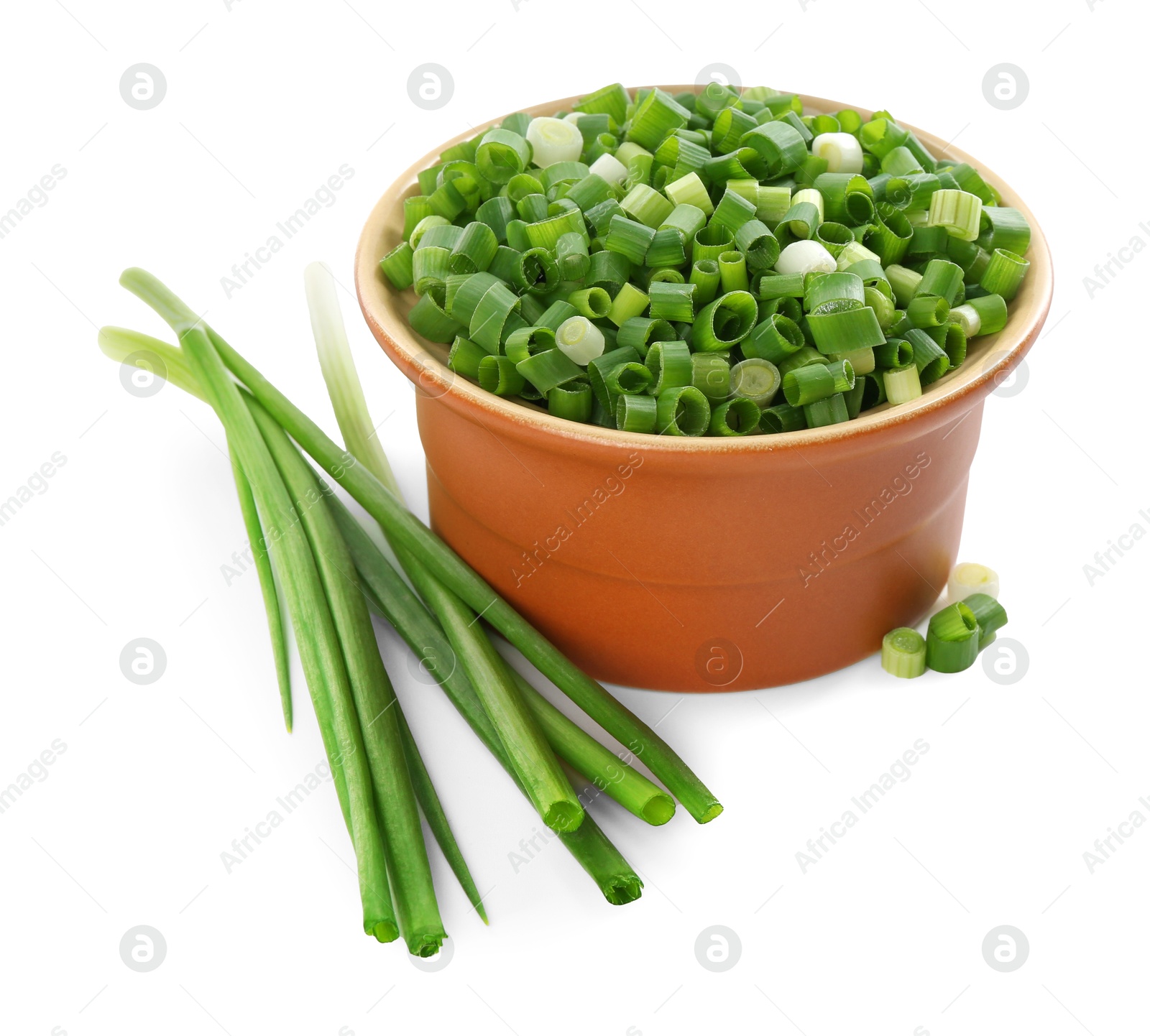 Photo of Cut fresh green onions isolated on white