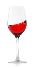 Photo of Rose wine splashing in glass on white background