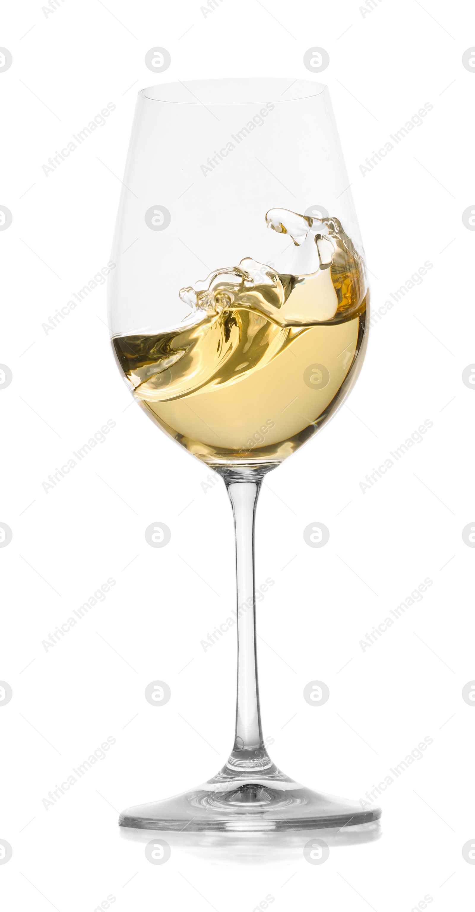 Photo of Tasty wine splashing in glass on white background