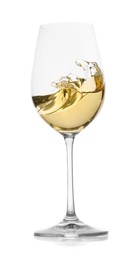 Photo of Tasty wine splashing in glass on white background