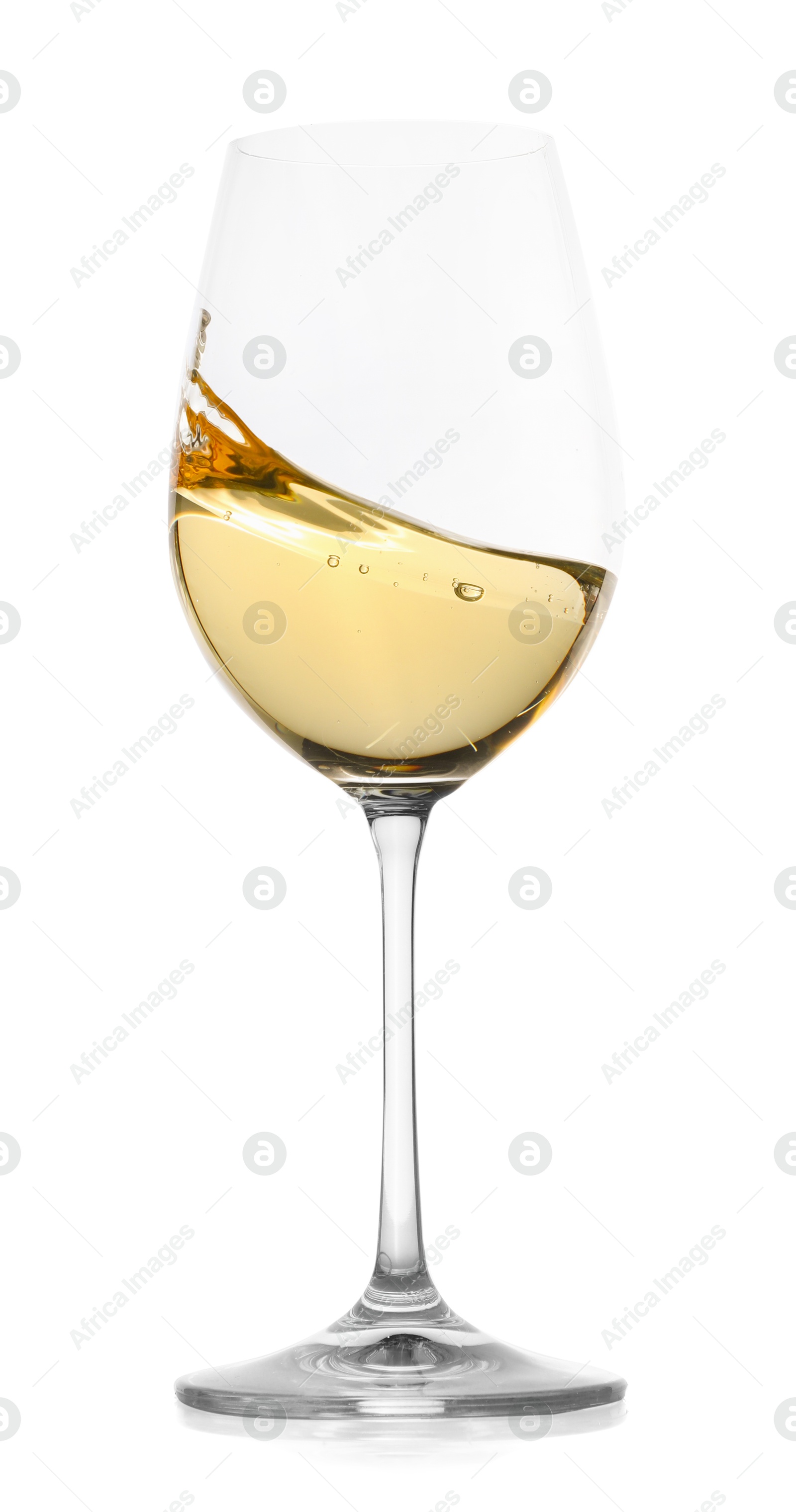 Photo of Tasty wine splashing in glass on white background