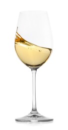 Photo of Tasty wine splashing in glass on white background