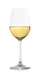 Photo of Tasty wine in glass on white background