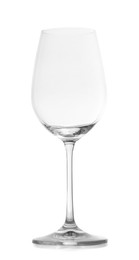 Photo of One empty wine glass isolated on white