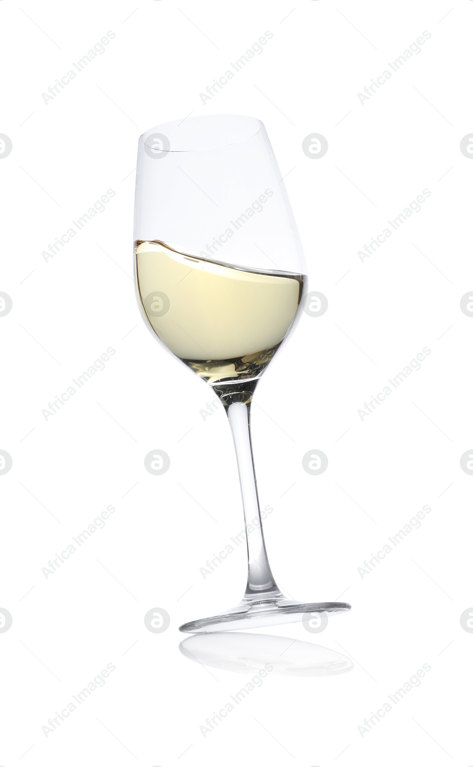 Photo of Tasty wine splashing in glass on white background