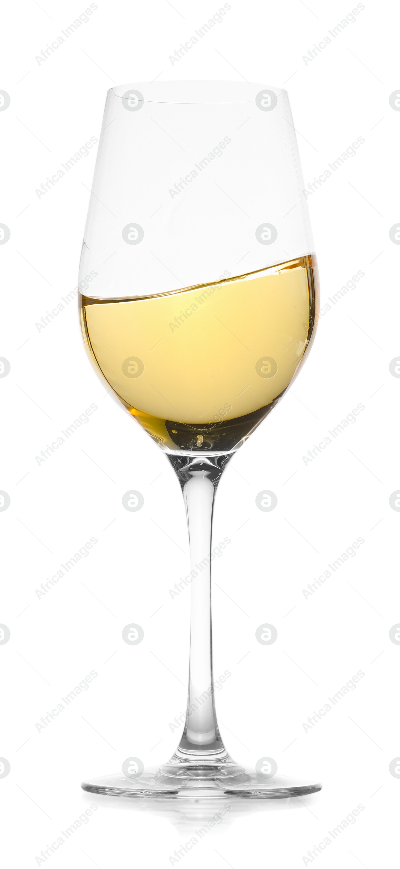 Photo of Tasty wine splashing in glass on white background