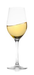 Photo of Tasty wine splashing in glass on white background