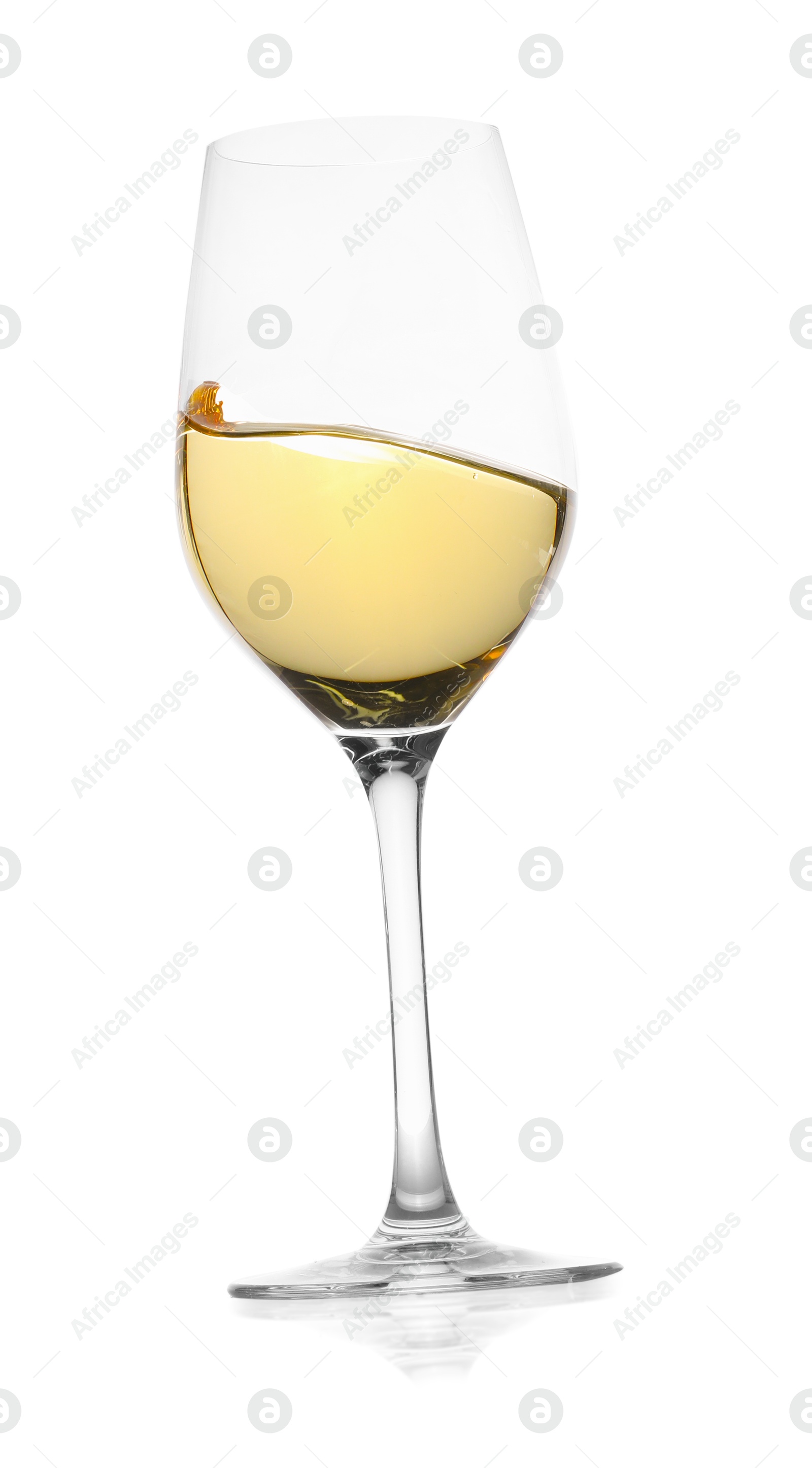 Photo of Tasty wine splashing in glass on white background