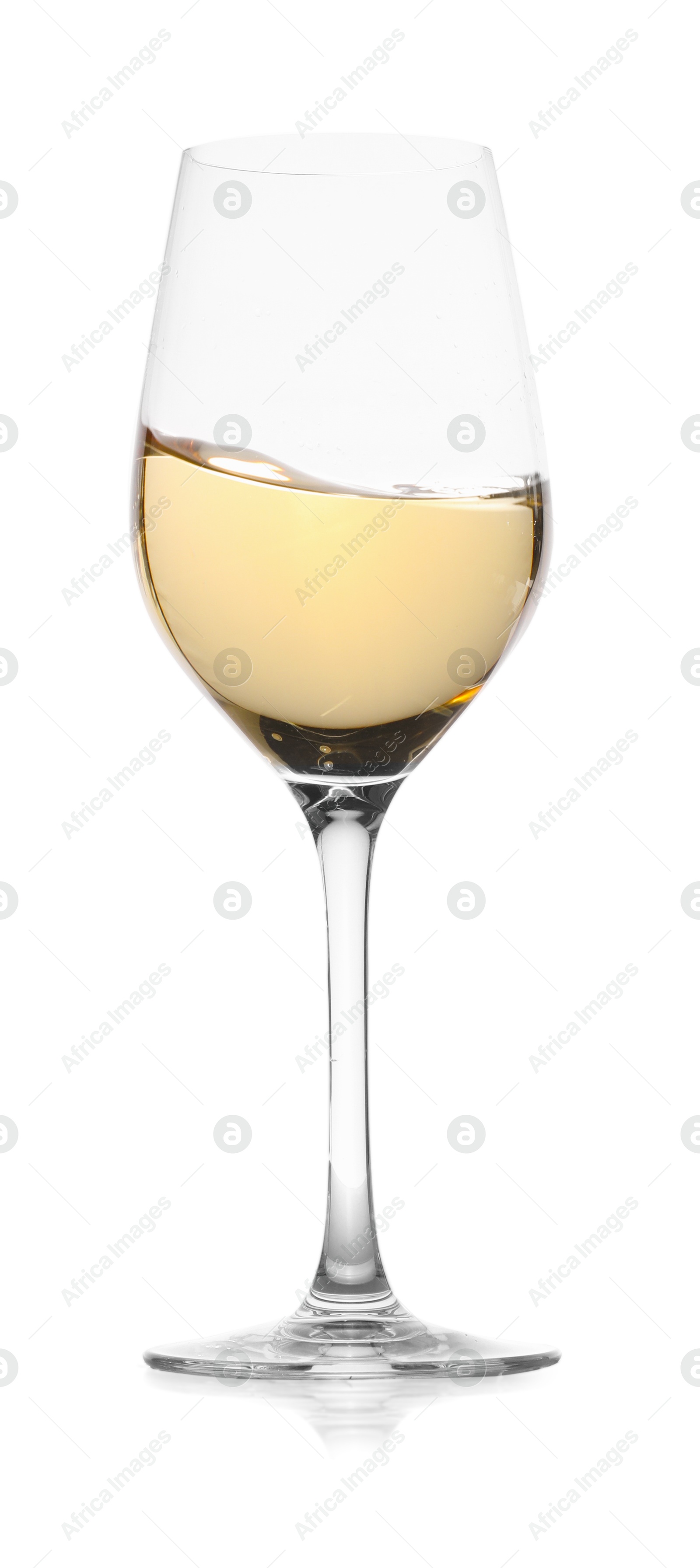 Photo of Tasty wine splashing in glass on white background