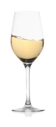 Photo of Tasty wine splashing in glass on white background