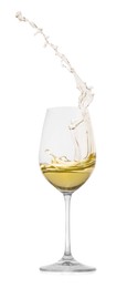 Photo of Tasty wine splashing in glass on white background