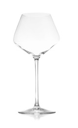 Photo of One empty wine glass isolated on white