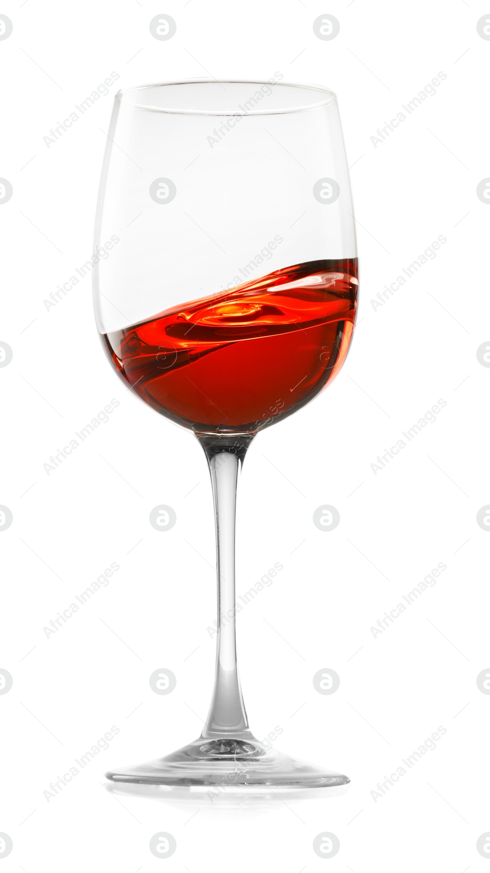 Photo of Rose wine splashing in glass on white background