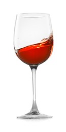 Photo of Rose wine splashing in glass on white background