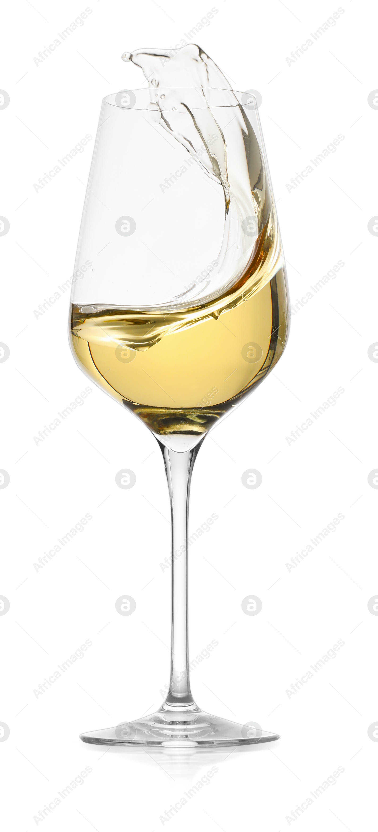 Photo of Tasty wine splashing in glass on white background