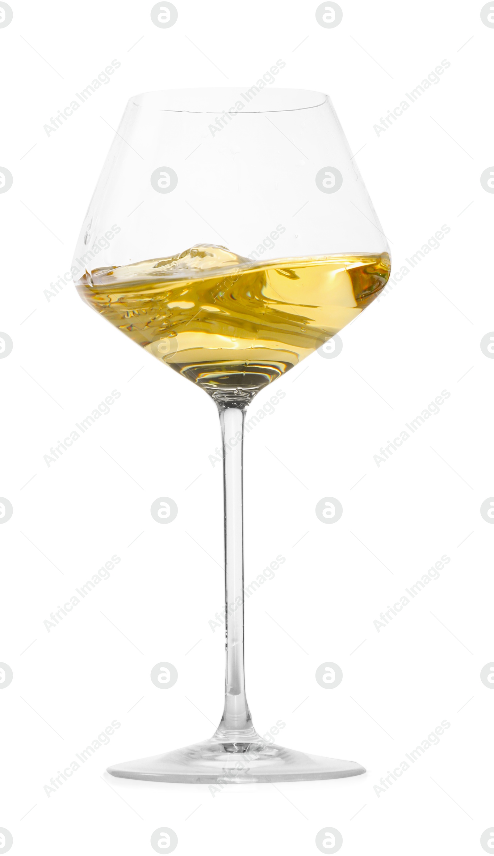 Photo of Tasty wine splashing in glass on white background