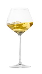 Photo of Tasty wine splashing in glass on white background