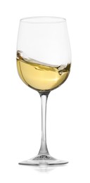 Photo of Tasty wine splashing in glass on white background