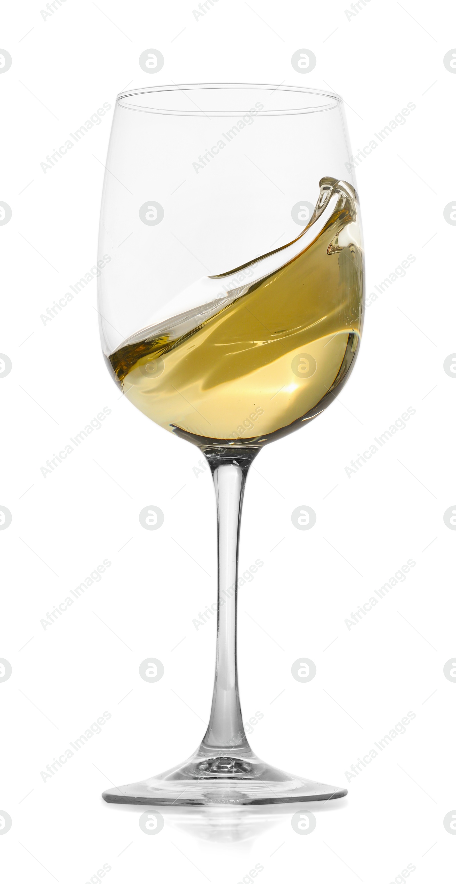 Photo of Tasty wine splashing in glass on white background