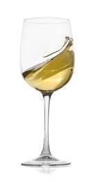 Photo of Tasty wine splashing in glass on white background