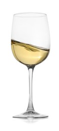 Photo of Tasty wine splashing in glass on white background