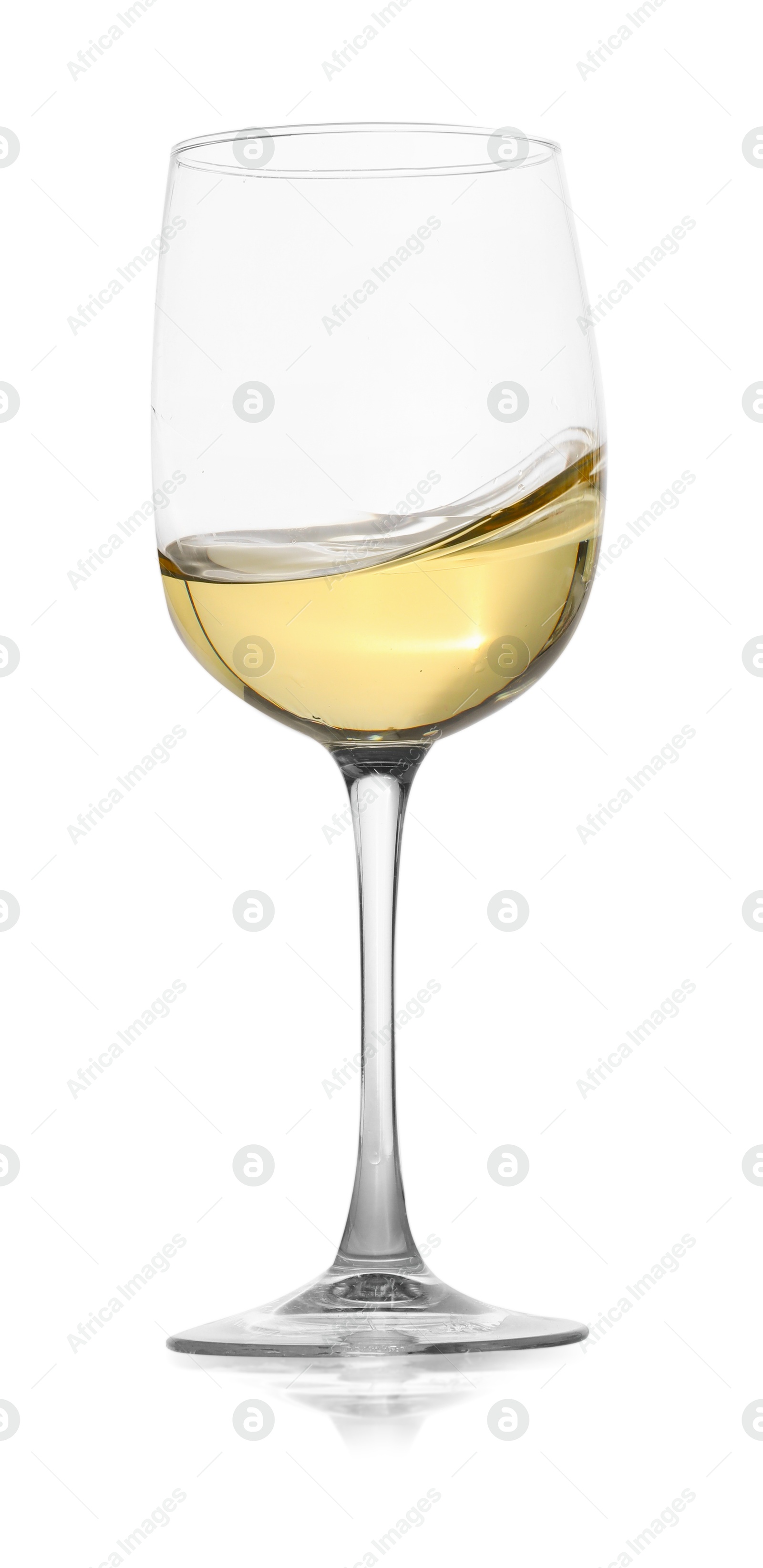 Photo of Tasty wine splashing in glass on white background