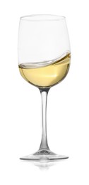 Photo of Tasty wine splashing in glass on white background