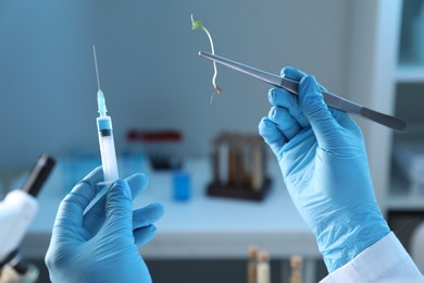 GMO concept. Scientist holding microgreen sprout and syringe with liquid in laboratory, closeup