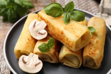 Photo of Delicious rolled crepes with mushrooms and basil on table, closeup