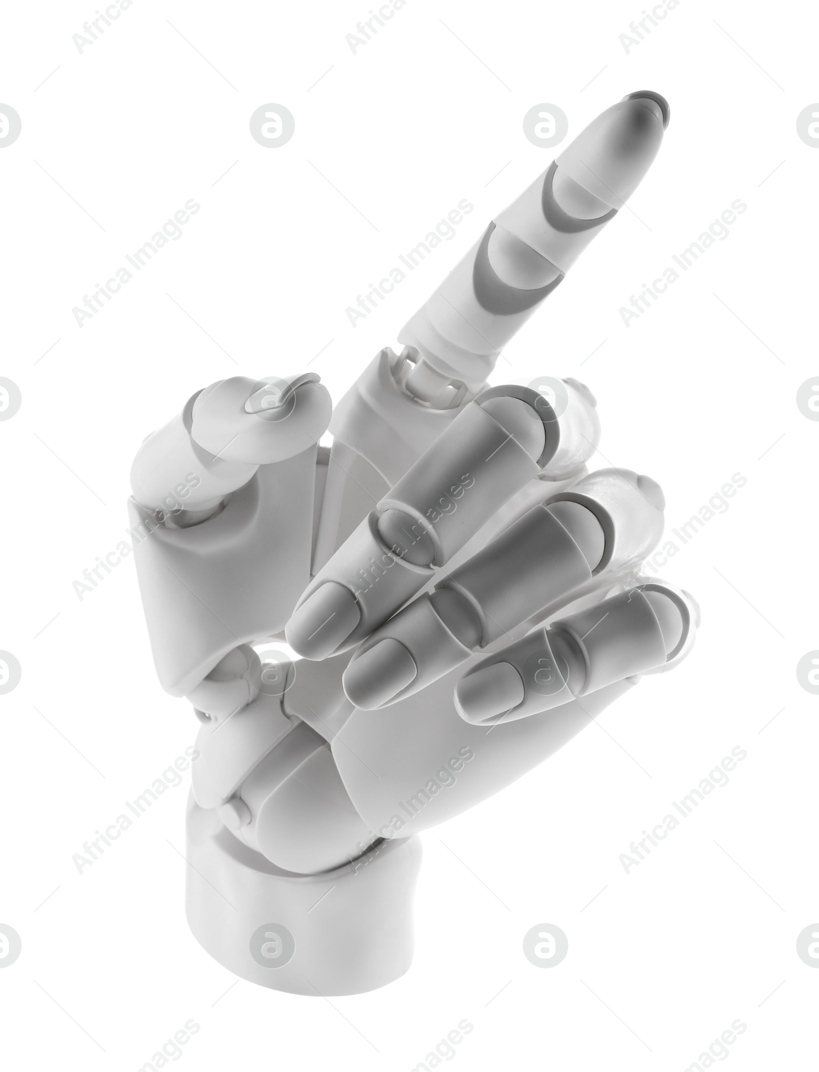 Photo of Artificial intelligence. Robot hand pointing at something on white background