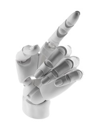 Photo of Artificial intelligence. Robot hand pointing at something on white background