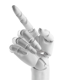 Photo of Artificial intelligence. Robot hand pointing at something on white background