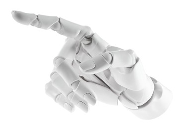 Photo of Artificial intelligence. Robot hand pointing at something on white background